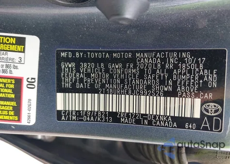 2018 Toyota Corolla Le z USA, uszkodzony, nr VIN 2T1BURHE8JC992526